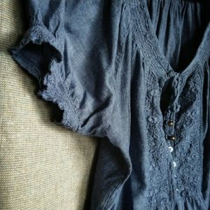 Chambray denim peasant top with brass detail M